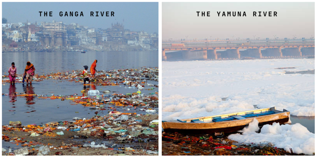 The Ganga and Yamuna rivers are shown polluted, highlighting environmental degradation and the need for conservation efforts.