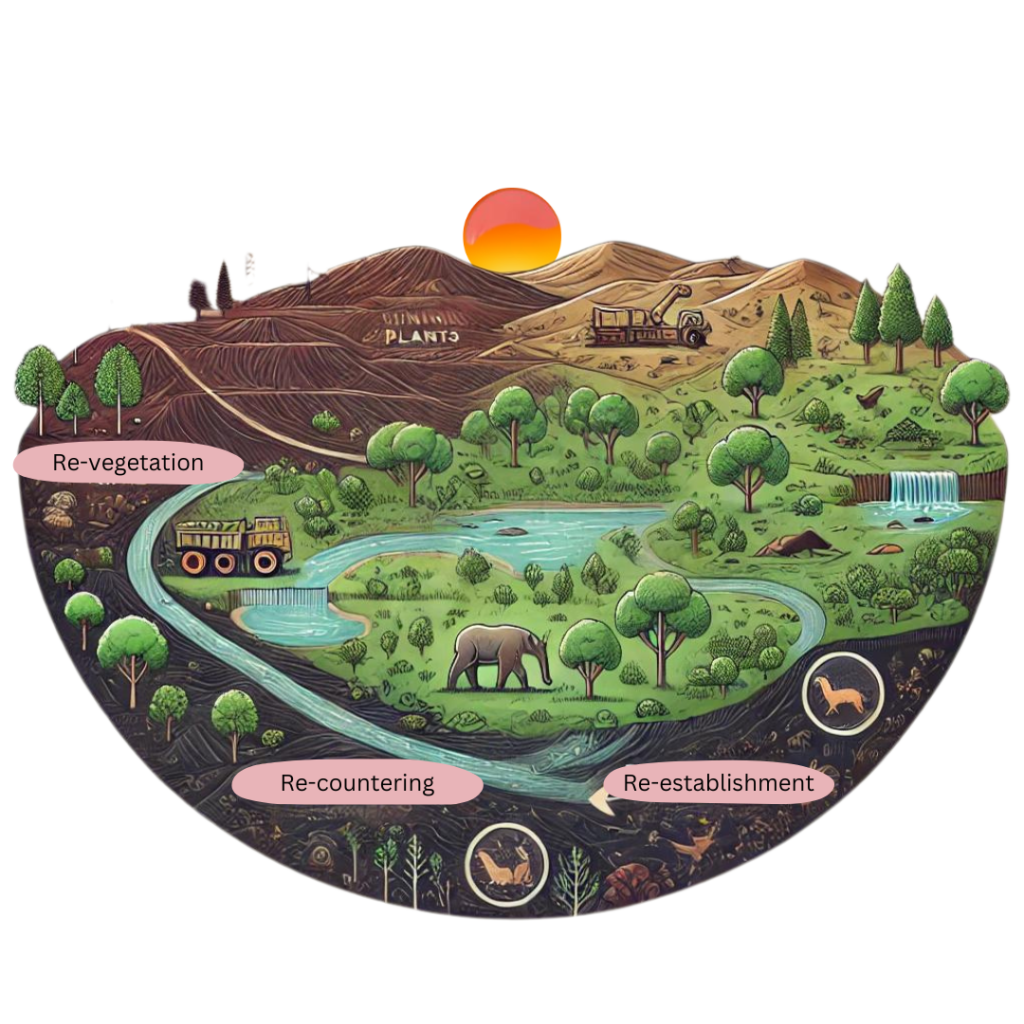  Land restoration in mining includes re-vegetation, re-contouring, and habitat re-establishment to rehabilitate degraded areas.
