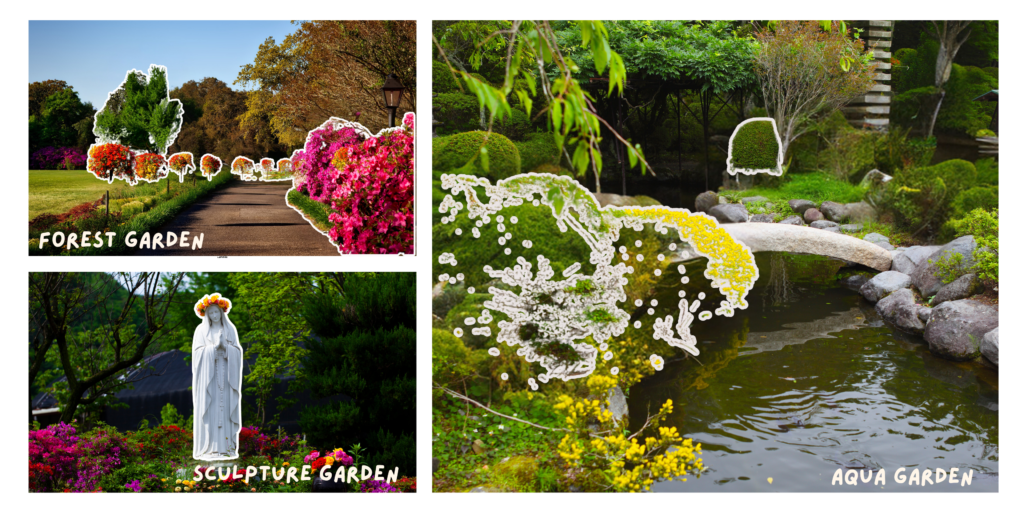 A serene sculpture garden featuring various artistic installations surrounded by lush greenery and tranquil water features.