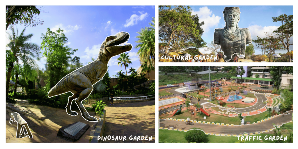 A unique garden showcasing dinosaur figures, traffic motifs, and various cultural elements, creating an engaging outdoor space