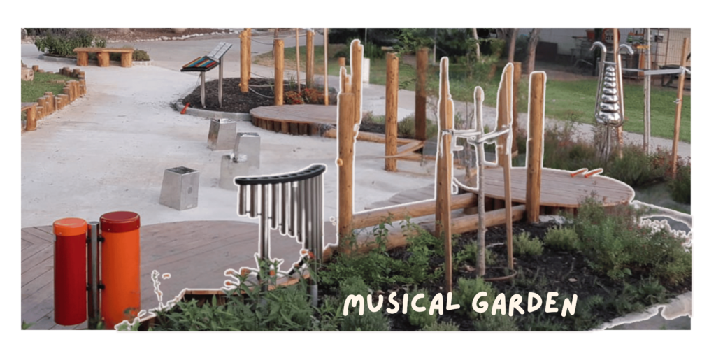  A picturesque garden adorned with blooming flowers and various musical instruments, symbolizing the joy of nature and music.