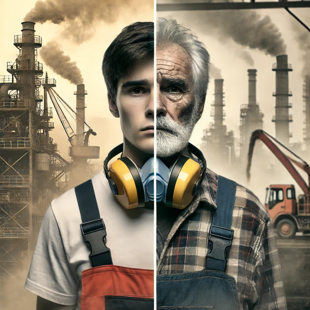 Split image showing a younger and older industrial worker in the same polluted environment